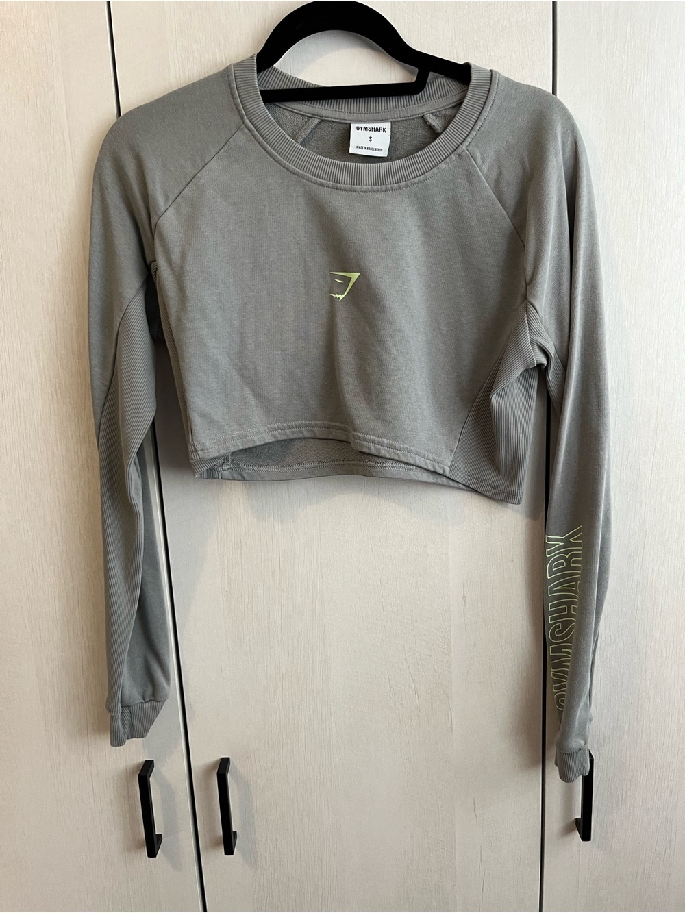 Gymshark Cropped Long-Sleeve Top in Sage Green with Neon Logo